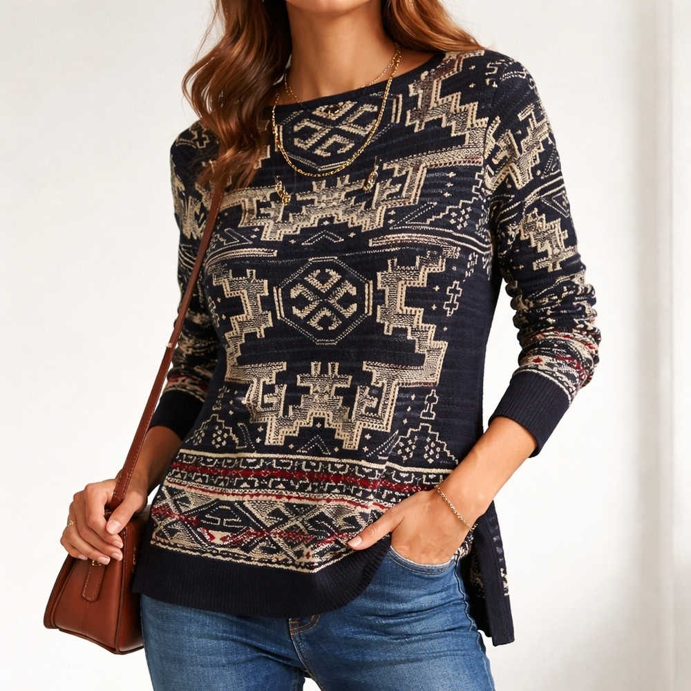 Lauren Ralph Lauren Black and Cream Patterned Crewneck Sweater